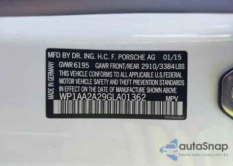 2016 Porsche Cayenne z USA, uszkodzony, nr VIN WP1AA2A29GLA01362